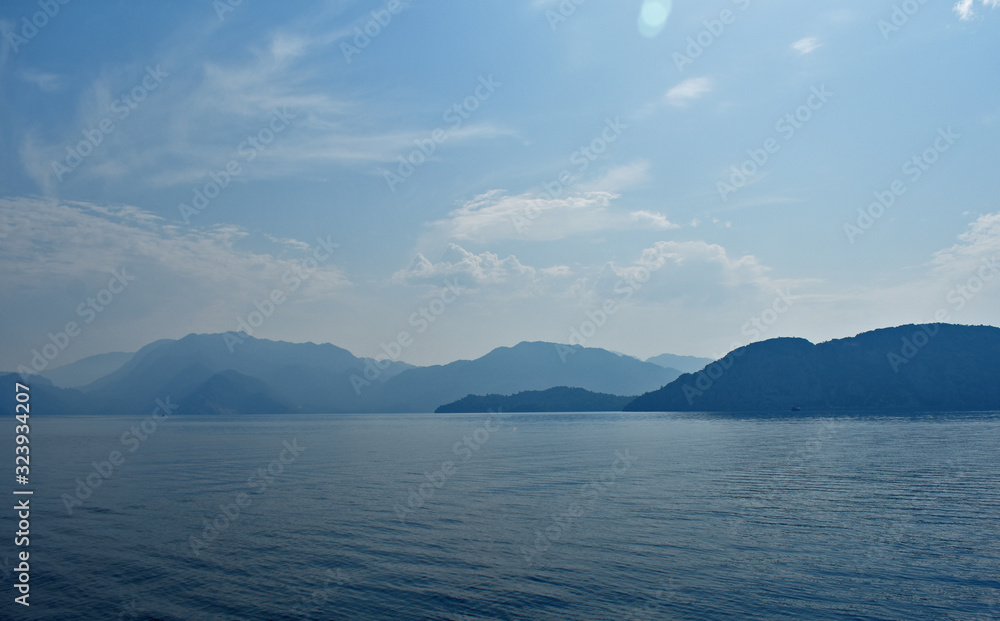 blue water, blue sky, mountains. aegean. Turkey