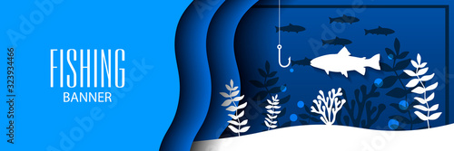 Fishing horizontal banner. Fish and hook on the background of the underwater world. Paper cut vector illustration.