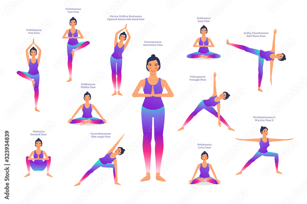 set of woman in different yoga poses, names of asanas text, flat style vector illustration