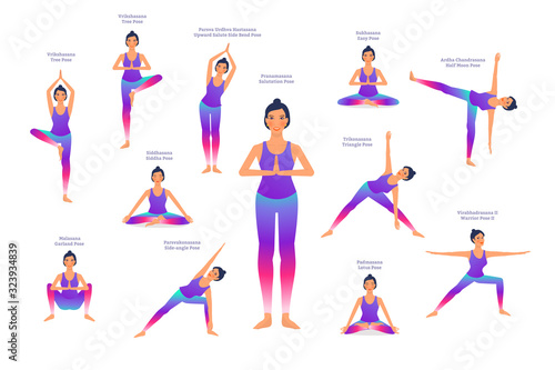 set of woman in different yoga poses, names of asanas text, flat style vector illustration