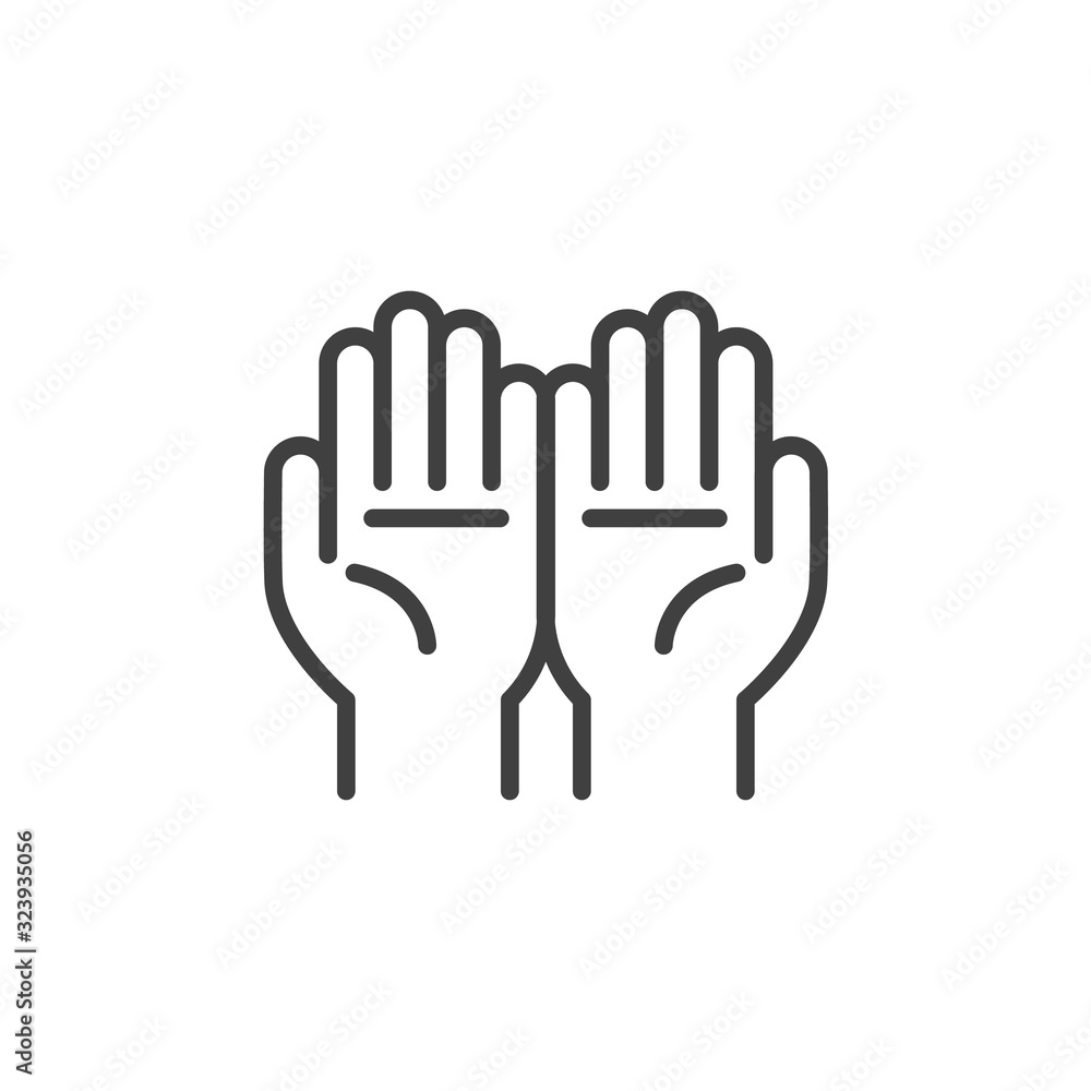 Hand pray line icon. linear style sign for mobile concept and web design. Two hands praying outline vector icon. Symbol, logo illustration. Vector graphics Hand pray line icon. linear style sign for mobile concept and web design. Two hands praying outline vector icon. Symbol, logo illustration. Vector graphics
