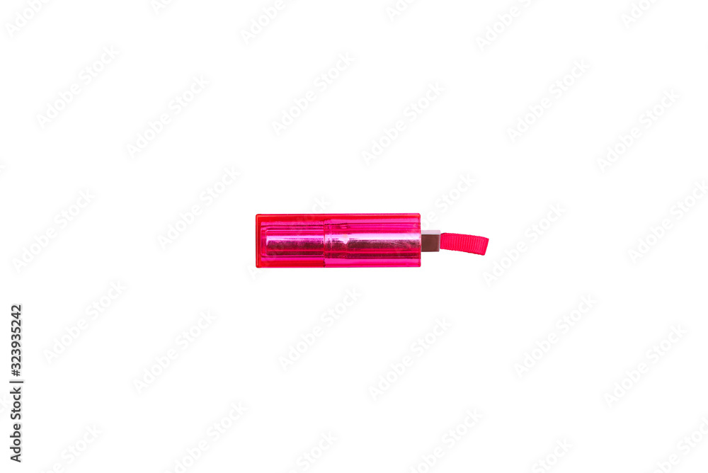 Pink closed lipstick isolated on a white background. Face cosmetics. Makeup tools. Pink closed lipstick isolated on a white background. Face cosmetics. Makeup tools.