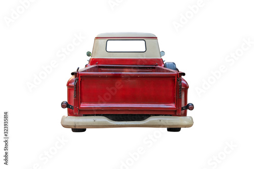 The back of a vintage red pickup truck,isolated on white background with clipping path