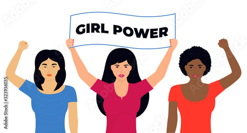 Group of young modern girls of different nationalities with banners and fists raised up. International Women's Day. Power, feminism concept. Protest against violence, discrimination. Fight for rights.