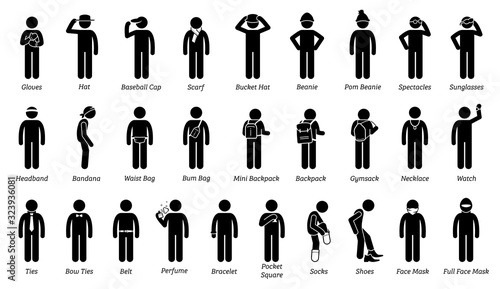 Man men wearing body fashion accessories. Vector artwork of people wearing different type of fashion accessory style and design for male.