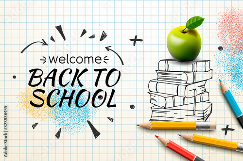 Fotografie Welcome Back to School web banner, doodle on checkered paper background, vector illustration