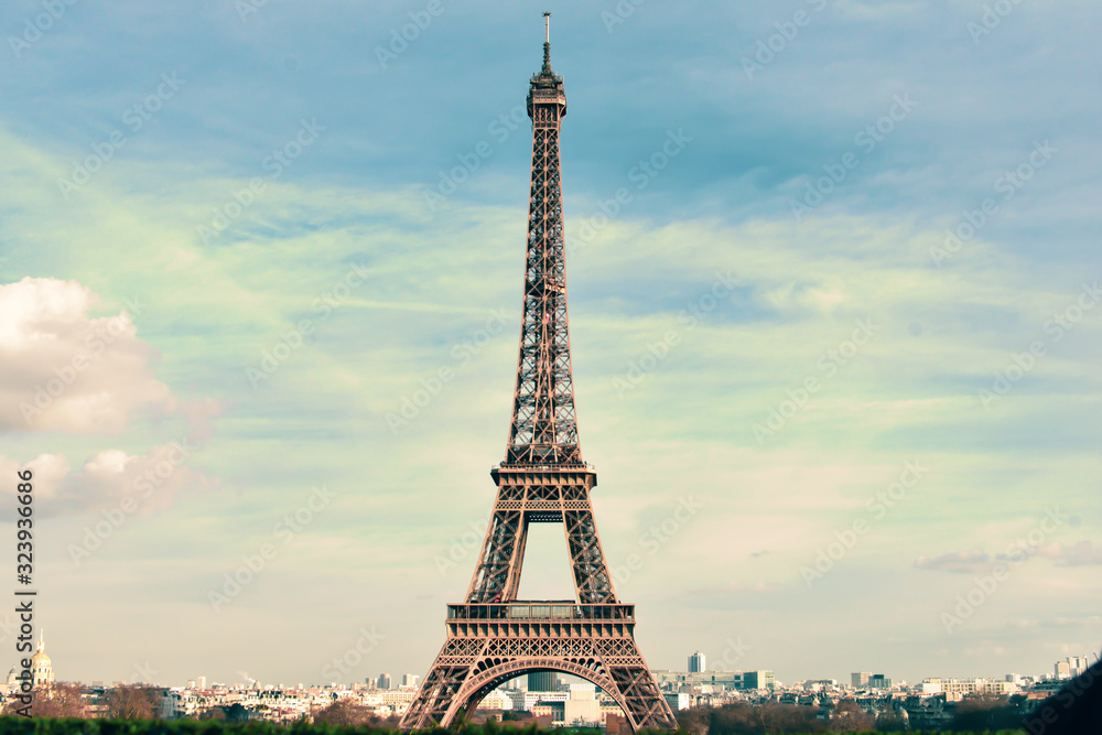 The Eiffel Tower. France Paris. full view. atmosphere of lightness and 60s, 70s