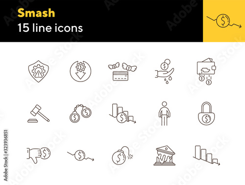 Smash line icon set. Recession, fail, debt. Bankruptcy concept. Can be used for topics like crisis, economy, business