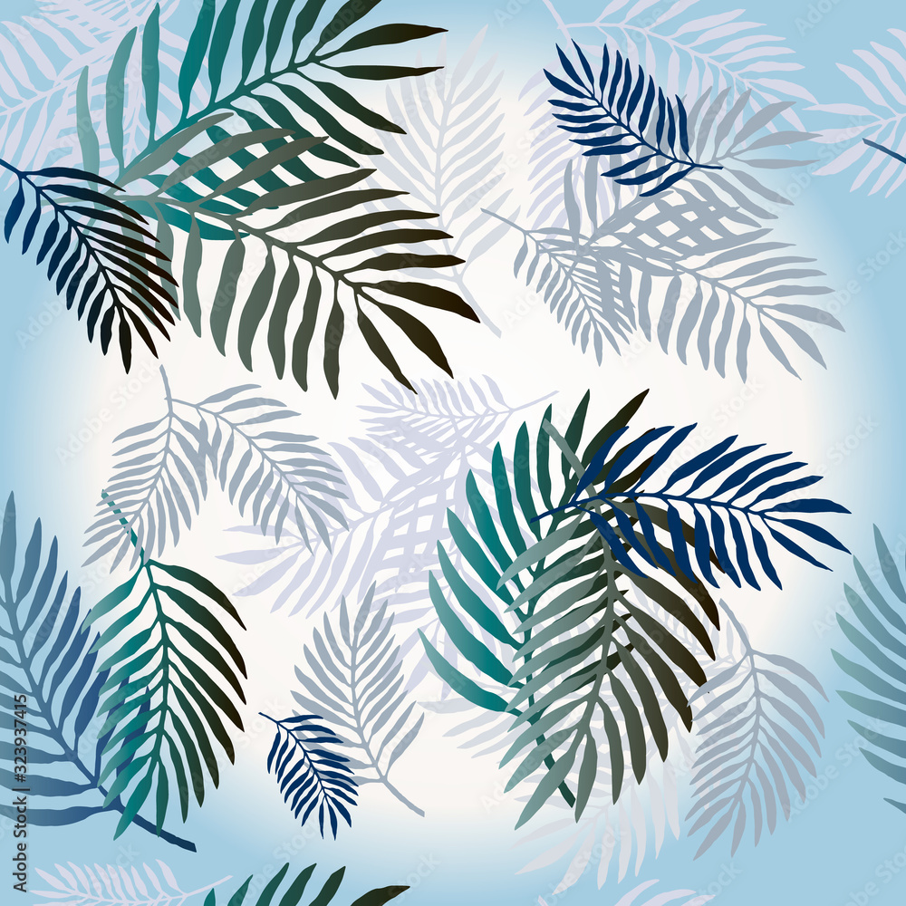 seamless pattern with stylized blue and gray palm tree leaves isolated on white background seamless pattern with stylized blue and gray palm tree leaves isolated on white background