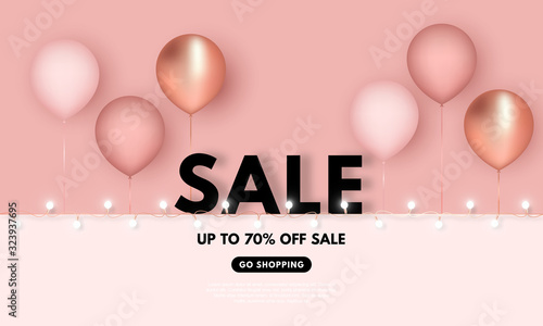 Vector 3D illustration Sale background with realistic pink and gold balloons with white garland. Isolated on pink background.