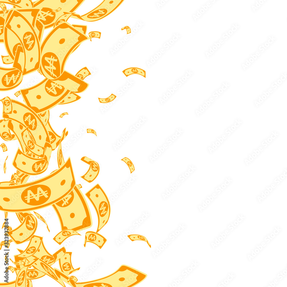 Fototapeta premium Korean won notes falling. Messy WON bills on white