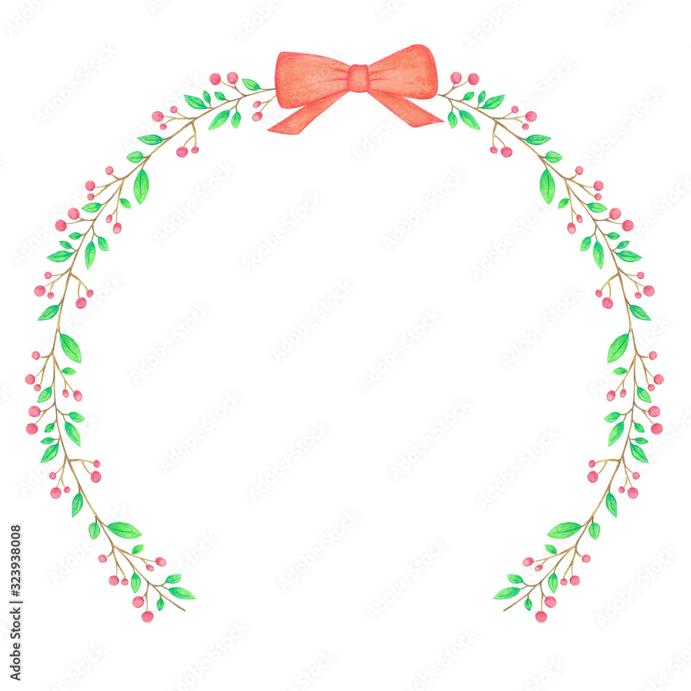Watercolor Floral Wreath With Red Fruits And Ribbon