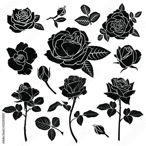 Silhouette of a rose flower set
