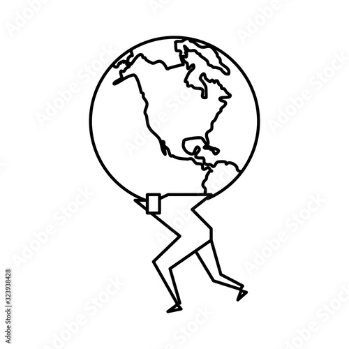 Man lifting earth. Flat style illustration. Outline. Isolated on white background. 