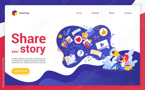 Share your story website landing page cartoon vector illustration. Colorful modern flat design template. Interesting content creating, sharing photo video feedback through social networks media.