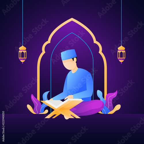 muslim man reading al quran the holy book of islam flat illustration with mosque arch background floral leaf and traditional hanging lantern light ornament. ramadan activity poster vector design.