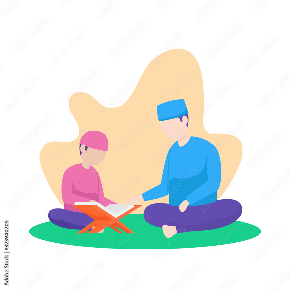 Muslim father teach his son reading quran the holy book of islam vector flat illustration at nature background with floral leaf. Ramadan activity poster design. Muslim father teach his son reading quran the holy book of islam vector flat illustration at nature background with floral leaf. Ramadan activity poster design.