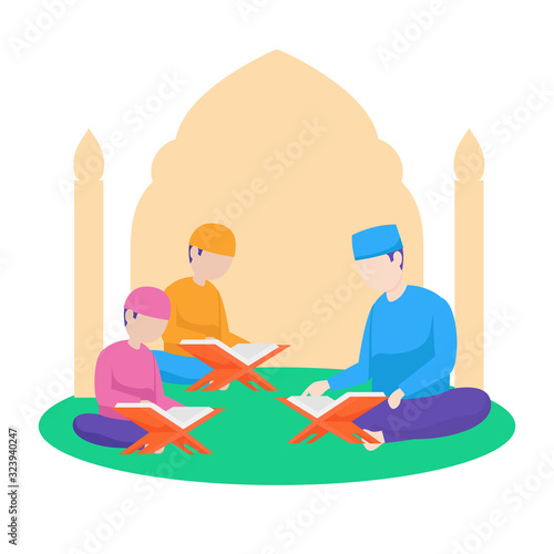 Muslim teacher teach reading quran the holy book of islam to children vector flat illustration at nature background with floral leaf and mosque arch. Ramadan activity poster design.