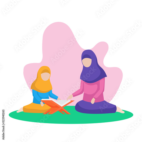 Muslim Mother teach her daughter reading quran the holy book of islam vector flat illustration at nature background with floral leaf. Ramadan activity poster design.