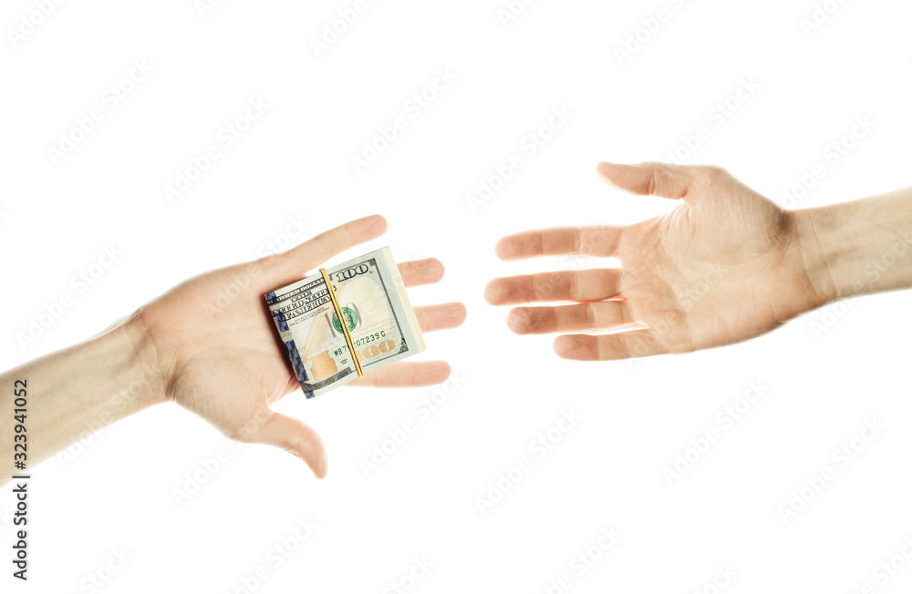 Man's hand gives cash or buys. Two male hands empty and with us dollars cash money Man's hand gives cash or buys. Two male hands empty and with us dollars cash money