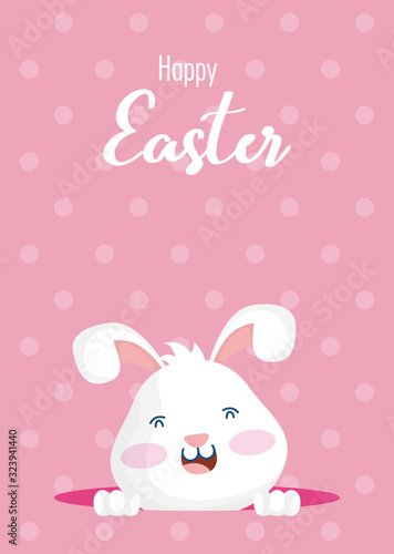 happy easter celebration card with lettering and rabbit