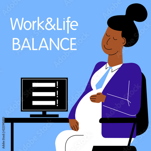 A square flat vector image of a pregnant woman having a stress situation in the office. Life and work balance. A woman making career. 