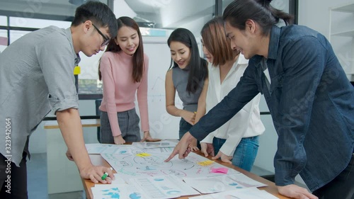 Slow motion : Group of asian creative employee standing and brainstorming stategy plan in happy workshop at creative workplace. Effective meeting, productive workshop and synergy business concept photo