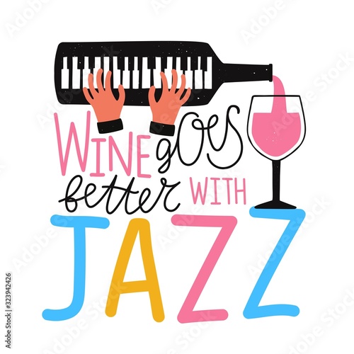 Canvas Print Vector illustration with hands playing piano, black wine bottle and glass