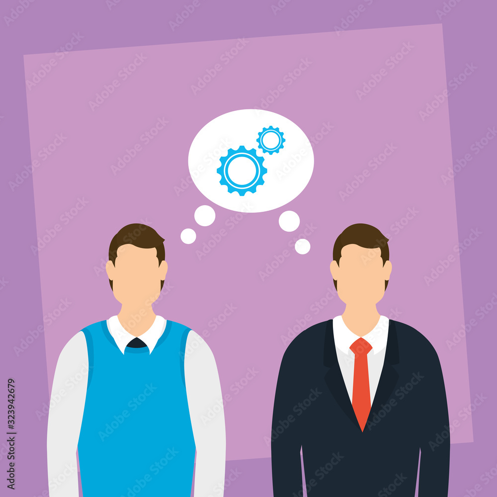 elegant businessmen with speech bubble and gears elegant businessmen with speech bubble and gears
