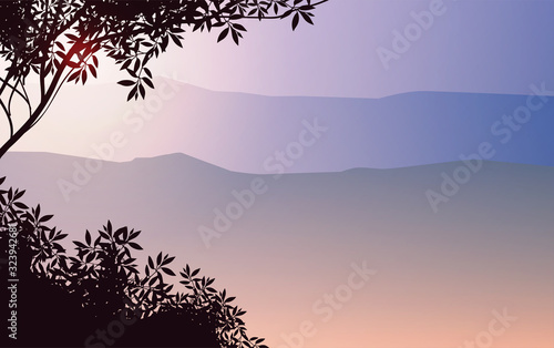 Natural forest mountains horizon hills silhouettes of trees Evening Sunrise and sunset Landscape wallpaper Illustration vector style Colorful view background © Chakkree