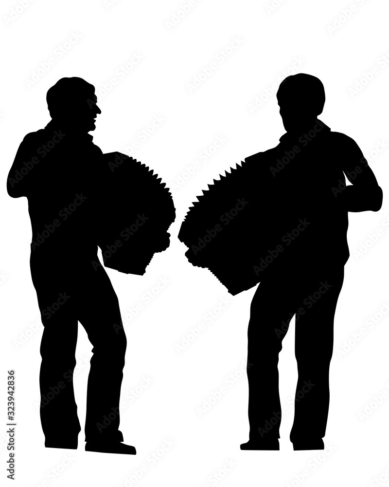 Musician with a button accordion plays on stage. Isolated silhouette on a white background