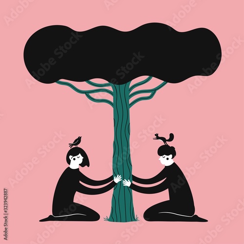 Vector illustration with bird, squirrel, young man and woman hugging green tree. Ecology print design, moment of meditation in the forest or garden.