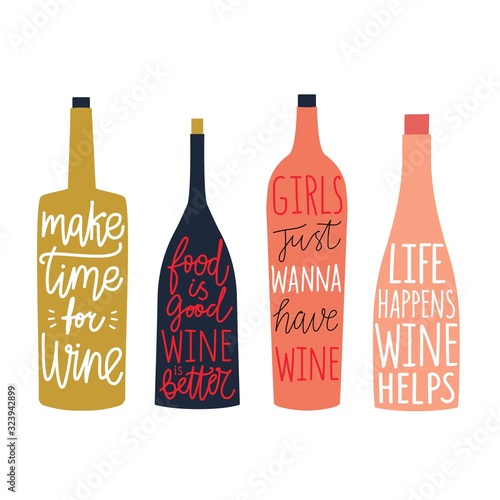 Vector set with bottles of wine and champagne with lettering and calligraphy quotes.