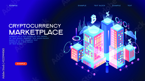 Blockchain technology. Cryptocurrency marketplace of bitcoin mining farm in smart city. Digital cloud network for crypto currency.. Modern 3d isometric vector illustration of web page.  Design concept