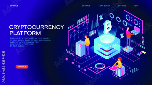 Blockchain technology. Cryptocurrency marketplace of bitcoin mining farm in smart city. Digital cloud network for crypto currency.. Modern 3d isometric vector illustration of web page.  Design concept