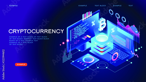 Blockchain technology. Cryptocurrency marketplace of bitcoin mining farm in smart city. Digital cloud network for crypto currency.. Modern 3d isometric vector illustration of web page.  Design concept