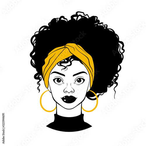 Black woman portrait. Afro American girl. Curly hair, golden earrings and turban. Fashion Illustration on white background