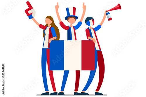 Crowd of persons celebrate national day of France with a flag. French people celebrating a football team. Soccer symbol and victory celebration. Sports cartoon symbolic flat vector illustration