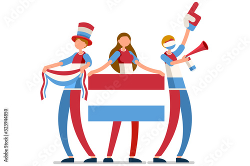 Crowd of persons celebrate national day of Luxembourg with a flag. Luxembourgish people celebrating a football team. Soccer symbol and victory celebration. Sports cartoon symbolic vector illustration
