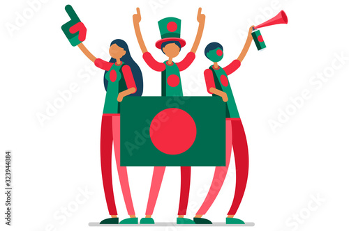 Crowd of persons celebrate national day of Bangladesh with a flag. Bangladeshi people celebrating a football team. Soccer symbol and victory celebration. Sports cartoon symbolic flat vector