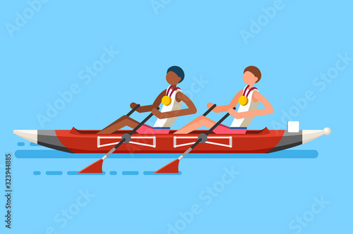 Crowd of persons celebrate xxxii summer games athletics medal. Sportive people celebrating canoeing team. Canoeist athlete symbol on victory celebration. Sports cartoon symbolic flat vector