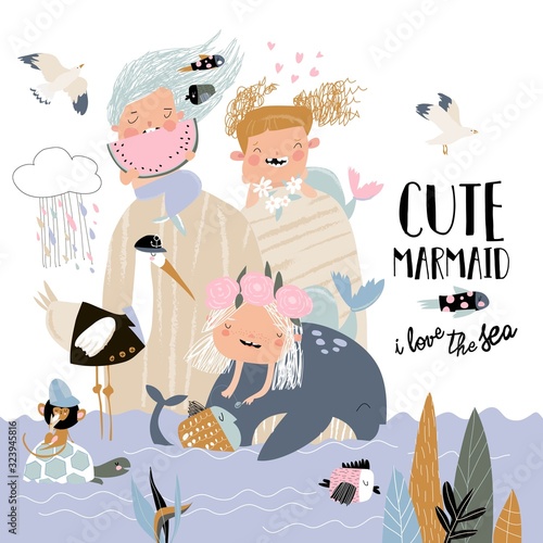 Cute little mermaids with happy cartoon friends