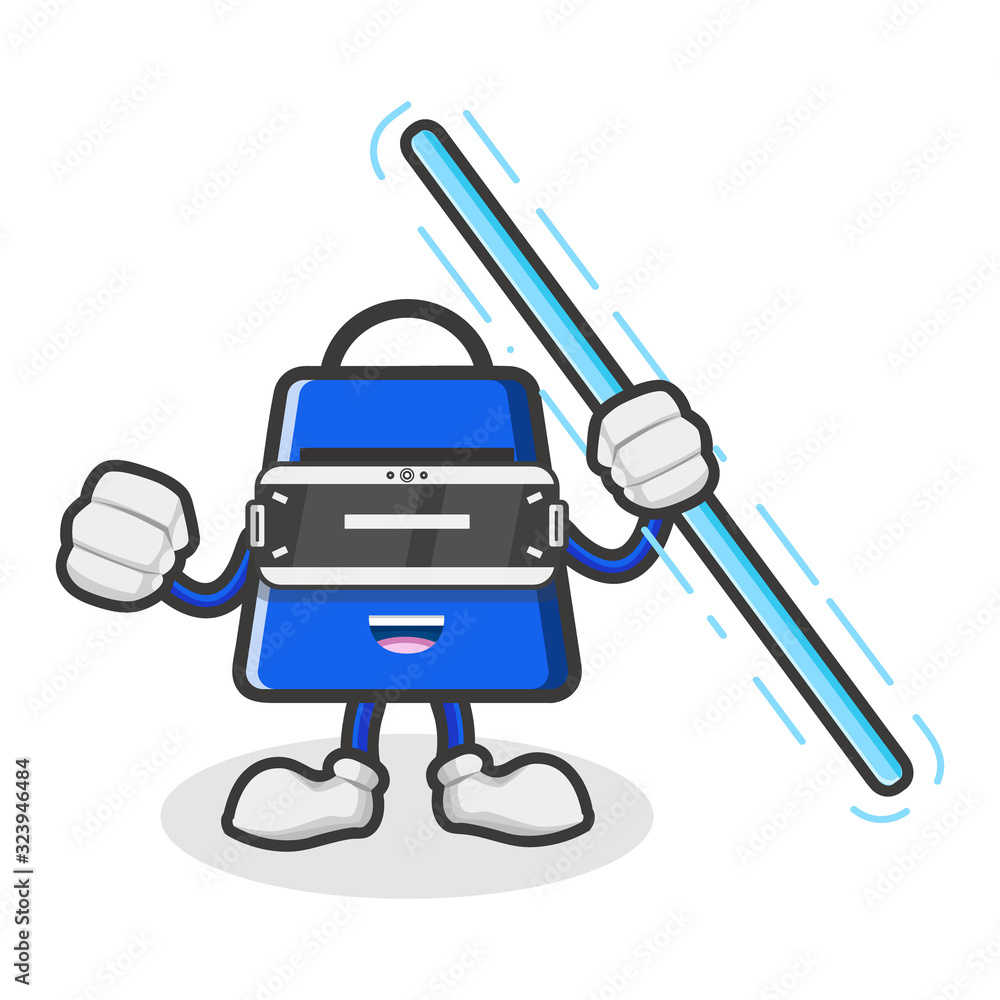 shopping bag character mascot holds a blue spear of light and uses virtual reality flat design vector illustration shopping bag character mascot holds a blue spear of light and uses virtual reality flat design vector illustration