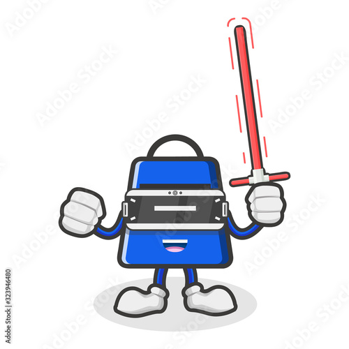 the shopping bag character mascot holds a light sword and uses virtual reality flat design vector illustration