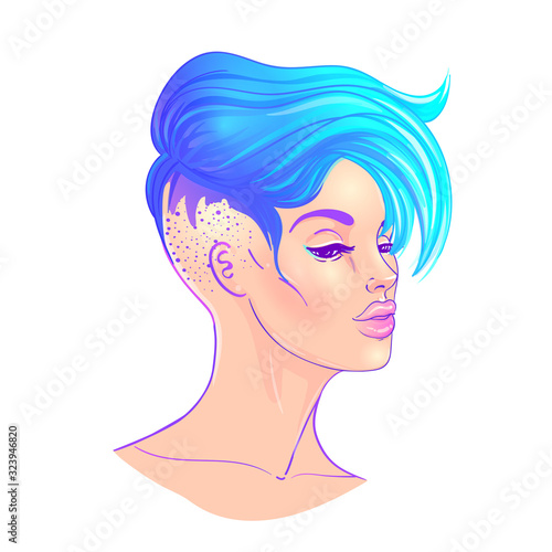 Portrait of a young pretty woman with short side shaved haircut. Rainbow colored hair. LGBT concept. Vector illustration isolated on white. Hand drawn art of a modern girl.