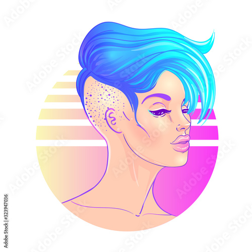 Portrait of a young pretty androgynous woman with short shaved pixie undercut in retro futurism style. Vector illustration in neon bright colors. Blue short hair. futuristic synth wave flyer template