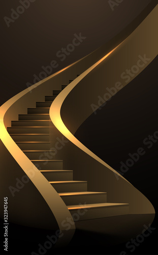 Gold spiral stairs on black background