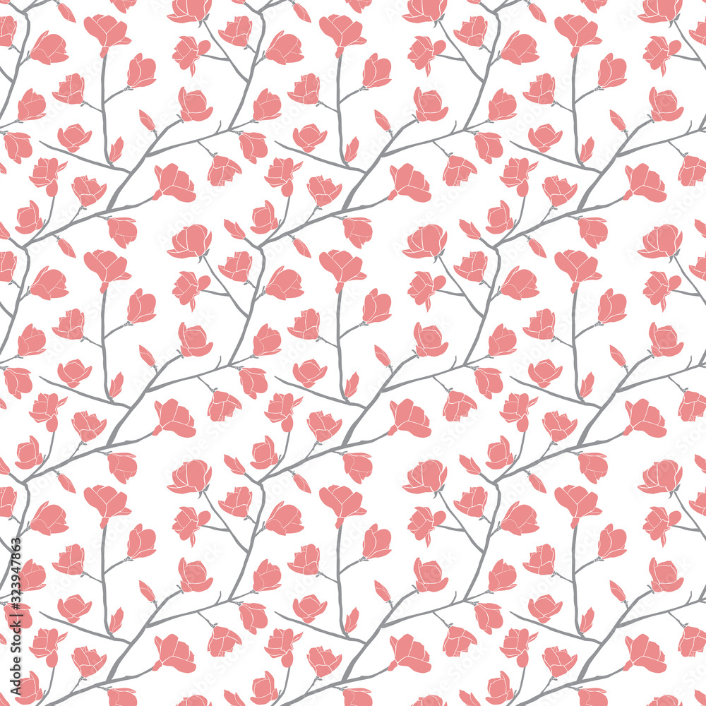 Floral Seamless pattern. Pink blooming magnolia isolated on a white background.Texture for web, print, wallpaper, home decor, spring fashion fabric, textile, invitation or website background.