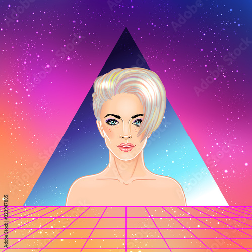 Portrait of a young pretty androgynous woman with short shaved pixie undercut in retro futurism style. Vector illustration in neon bright colors. Blue short hair. futuristic synth wave flyer template