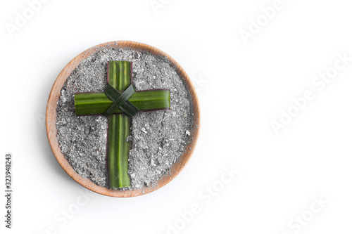 Ash wednesday, crucifix made of ash, dust as christian religion. Lent beginning photo